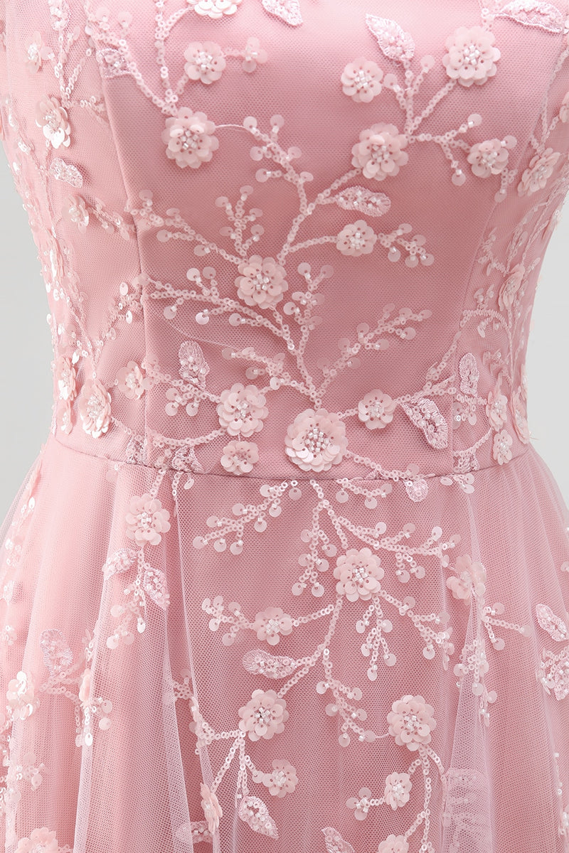 Load image into Gallery viewer, Strapless Sparkly Blue A Line Floral Beaded Long Prom Dress