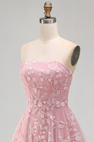 Load image into Gallery viewer, Strapless Sparkly Blue A Line Floral Beaded Long Prom Dress
