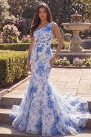 Load image into Gallery viewer, White Blue Flower One Shoulder Mermaid Long Prom Dress
