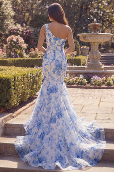 White Blue Flower One Shoulder Mermaid Long Prom Dress