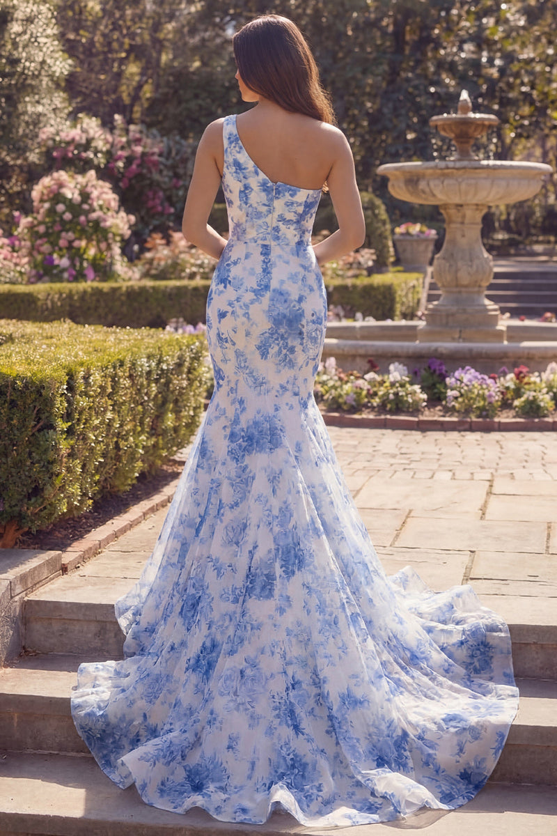 Load image into Gallery viewer, White Blue Flower One Shoulder Mermaid Long Prom Dress