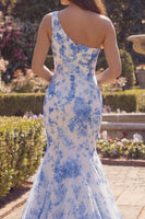 Load image into Gallery viewer, White Blue Flower One Shoulder Mermaid Long Prom Dress