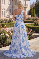 Load image into Gallery viewer, White Blue Flower One Shoulder A Line Long Prom Dress with Slit
