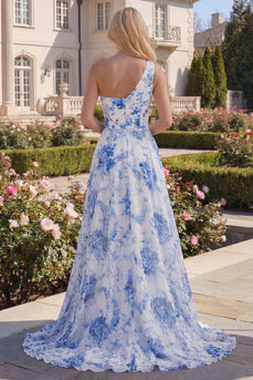 White Blue Flower One Shoulder A Line Long Prom Dress with Slit