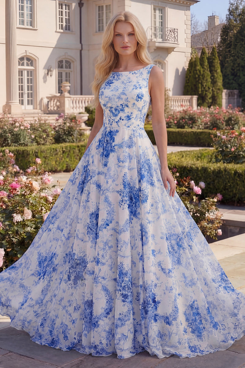 Load image into Gallery viewer, A Line White Blue Flower Boat Neck Long Prom Dress