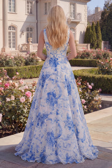 A Line White Blue Flower Boat Neck Long Prom Dress