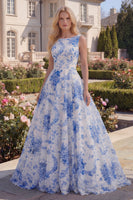 Load image into Gallery viewer, A Line White Blue Flower Boat Neck Long Prom Dress