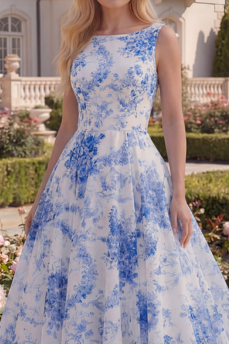 Load image into Gallery viewer, A Line White Blue Flower Boat Neck Long Prom Dress