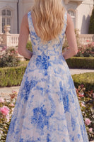 Load image into Gallery viewer, A Line White Blue Flower Boat Neck Long Prom Dress