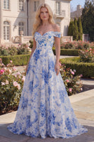 Load image into Gallery viewer, White Blue Flower A Line Long Off the Shoulder Prom Dress