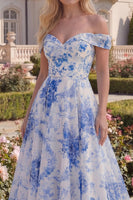 Load image into Gallery viewer, White Blue Flower A Line Long Off the Shoulder Prom Dress