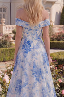Load image into Gallery viewer, White Blue Flower A Line Long Off the Shoulder Prom Dress