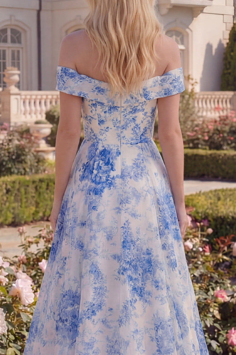 Load image into Gallery viewer, White Blue Flower A Line Long Off the Shoulder Prom Dress