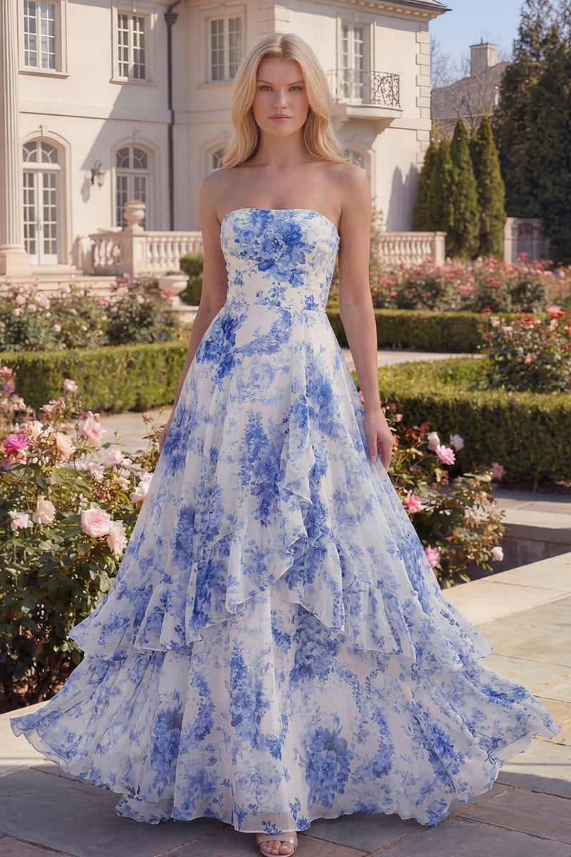 Load image into Gallery viewer, White Blue Flower Strapless Long A Line Prom Dress with Ruffles
