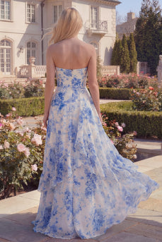 White Blue Flower Strapless Long A Line Prom Dress with Ruffles