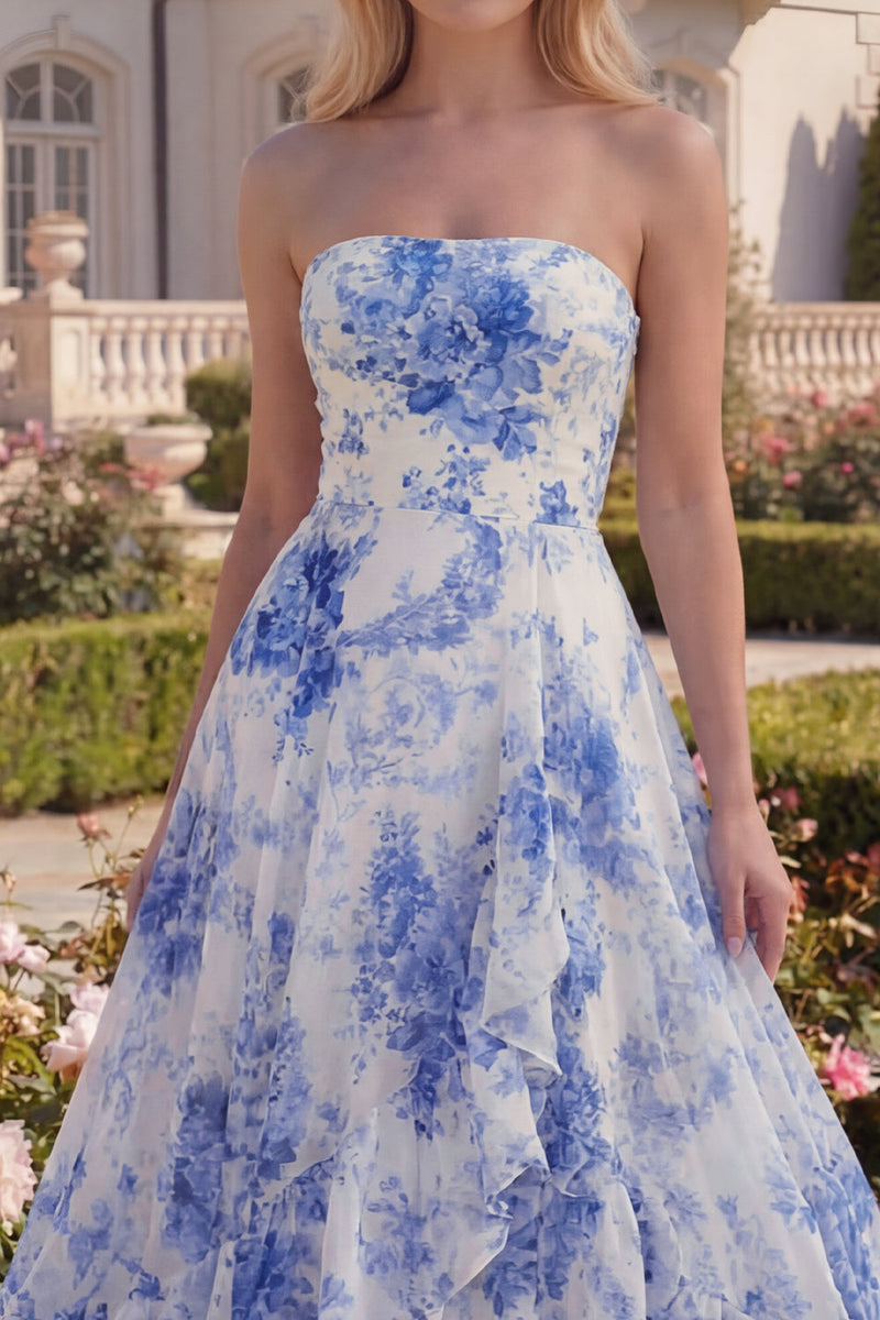 Load image into Gallery viewer, White Blue Flower Strapless Long A Line Prom Dress with Ruffles