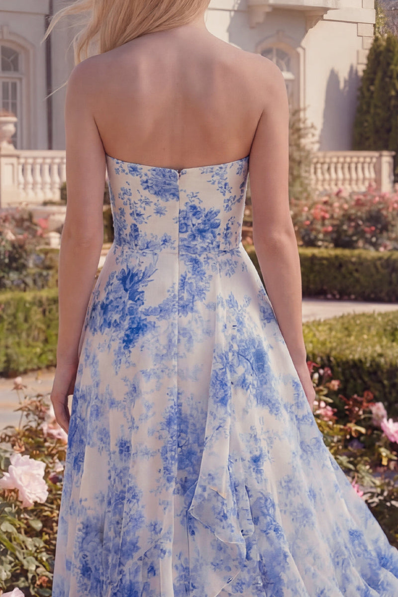 Load image into Gallery viewer, White Blue Flower Strapless Long A Line Prom Dress with Ruffles