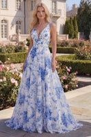 Load image into Gallery viewer, A Line White Blue Flower V-Neck Long Prom Dress