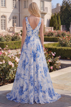 A Line White Blue Flower V-Neck Long Prom Dress