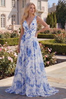 Load image into Gallery viewer, A Line White Blue Flower V-Neck Long Prom Dress
