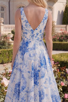 Load image into Gallery viewer, A Line White Blue Flower V-Neck Long Prom Dress