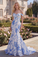 Load image into Gallery viewer, Mermaid White Blue Flower Long Off the Shoulder Prom Dress