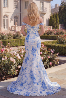 Mermaid White Blue Flower Long Off the Shoulder Prom Dress