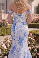 Load image into Gallery viewer, Mermaid White Blue Flower Long Off the Shoulder Prom Dress