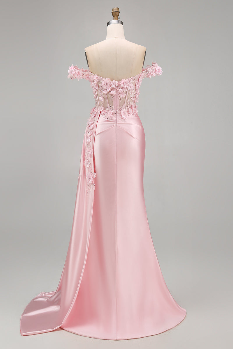 Load image into Gallery viewer, Floral Pink Mermaid Corset Ruched Long Prom Dress with Side Cape