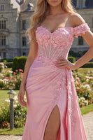 Load image into Gallery viewer, Floral Pink Mermaid Corset Ruched Long Prom Dress with Side Cape