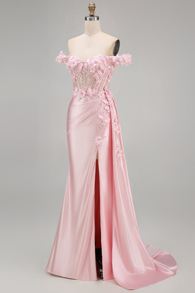 Load image into Gallery viewer, Floral Pink Mermaid Corset Ruched Long Prom Dress with Side Cape