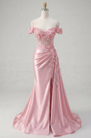 Load image into Gallery viewer, Floral Pink Mermaid Corset Ruched Long Prom Dress with Side Cape