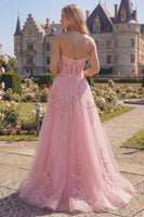 Load image into Gallery viewer, A Line Strapless Corset Floral Pink Long Prom Dress