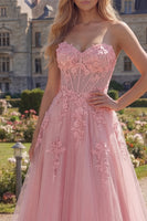 Load image into Gallery viewer, A Line Strapless Corset Floral Pink Long Prom Dress