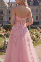 Load image into Gallery viewer, A Line Strapless Corset Floral Pink Long Prom Dress