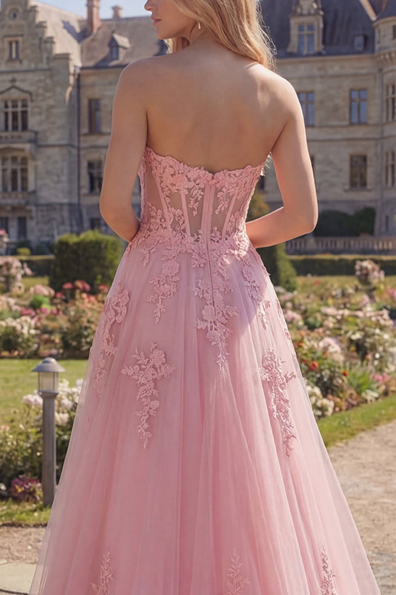 Load image into Gallery viewer, A Line Strapless Corset Floral Pink Long Prom Dress