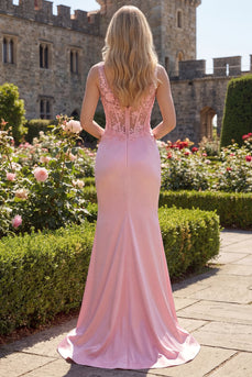 Floral V-Neck Pink Mermaid Corset Ruched Long Prom Dress with Slit
