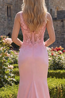 Load image into Gallery viewer, Floral V-Neck Pink Mermaid Corset Ruched Long Prom Dress with Slit