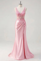 Load image into Gallery viewer, Floral V-Neck Pink Mermaid Corset Ruched Long Prom Dress with Slit