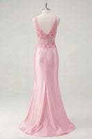 Load image into Gallery viewer, Floral V-Neck Pink Mermaid Corset Ruched Long Prom Dress with Slit