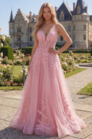 Load image into Gallery viewer, Long Floral Pink A Line Corset V-Neck Prom Dress
