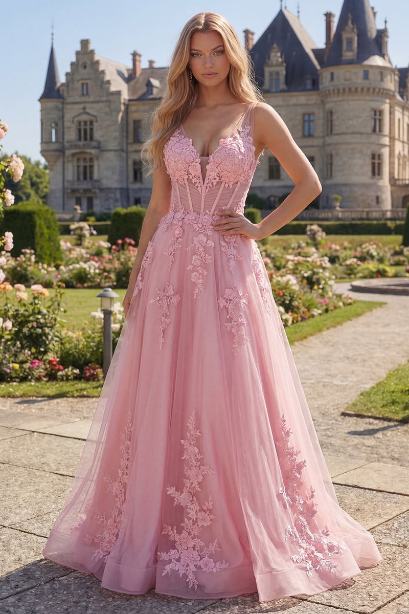 Load image into Gallery viewer, Long Floral Pink A Line Corset V-Neck Prom Dress