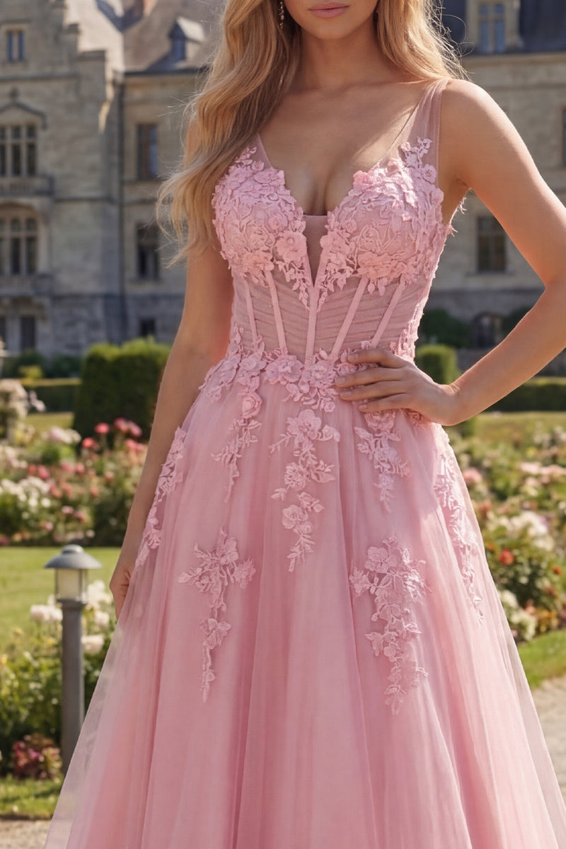 Load image into Gallery viewer, Long Floral Pink A Line Corset V-Neck Prom Dress