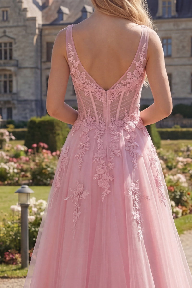 Load image into Gallery viewer, Long Floral Pink A Line Corset V-Neck Prom Dress