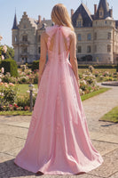 Load image into Gallery viewer, A Line Floral Corset Pink Long High Neck Prom Dress with Bow