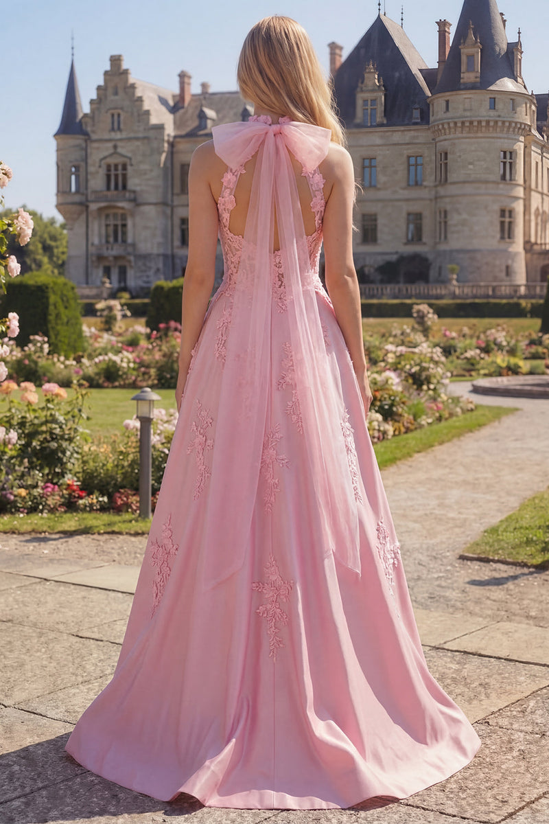 Load image into Gallery viewer, A Line Floral Corset Pink Long High Neck Prom Dress with Bow