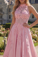Load image into Gallery viewer, A Line Floral Corset Pink Long High Neck Prom Dress with Bow