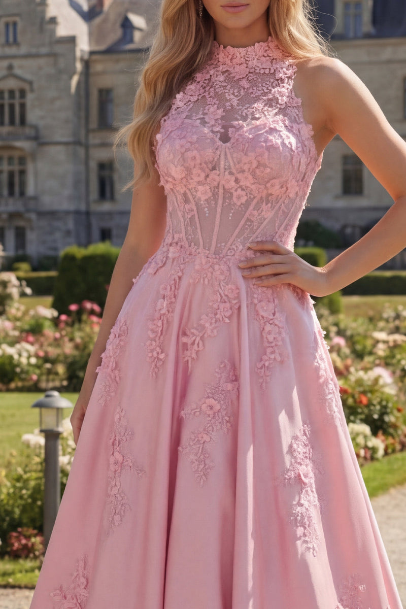 Load image into Gallery viewer, A Line Floral Corset Pink Long High Neck Prom Dress with Bow