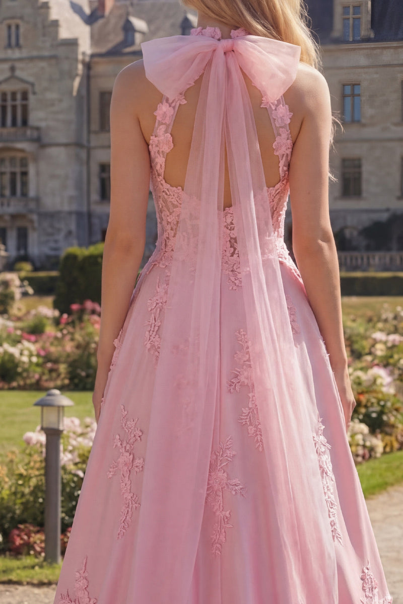 Load image into Gallery viewer, A Line Floral Corset Pink Long High Neck Prom Dress with Bow