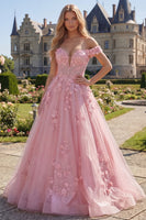 Load image into Gallery viewer, Off the Shoulder Floral A Line Pink Corset Long Prom Dress